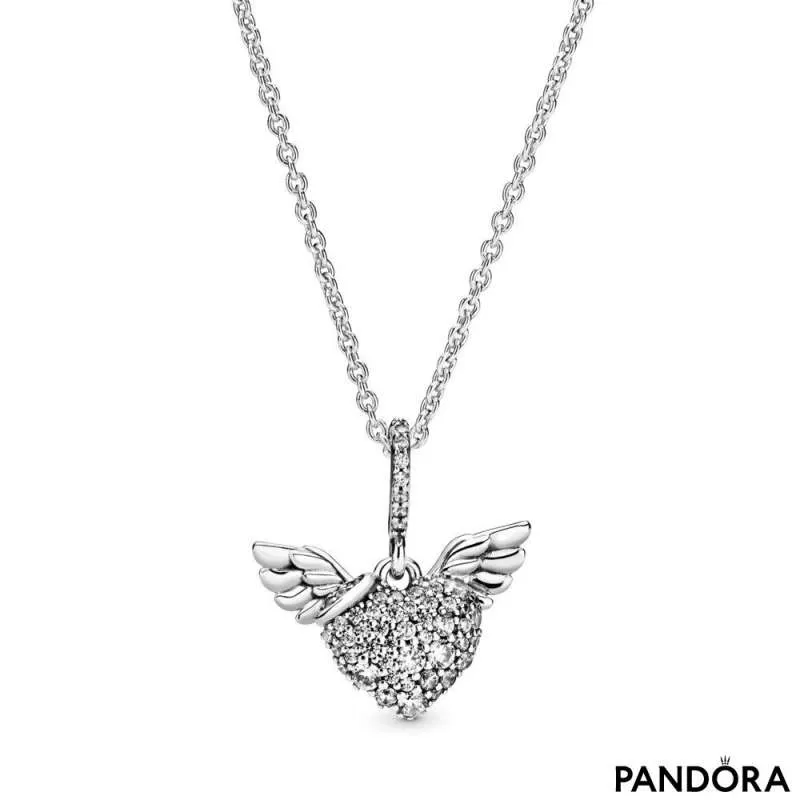 Ogrlica s srčki v stilu pavé in angelskimi krili | PANDORA