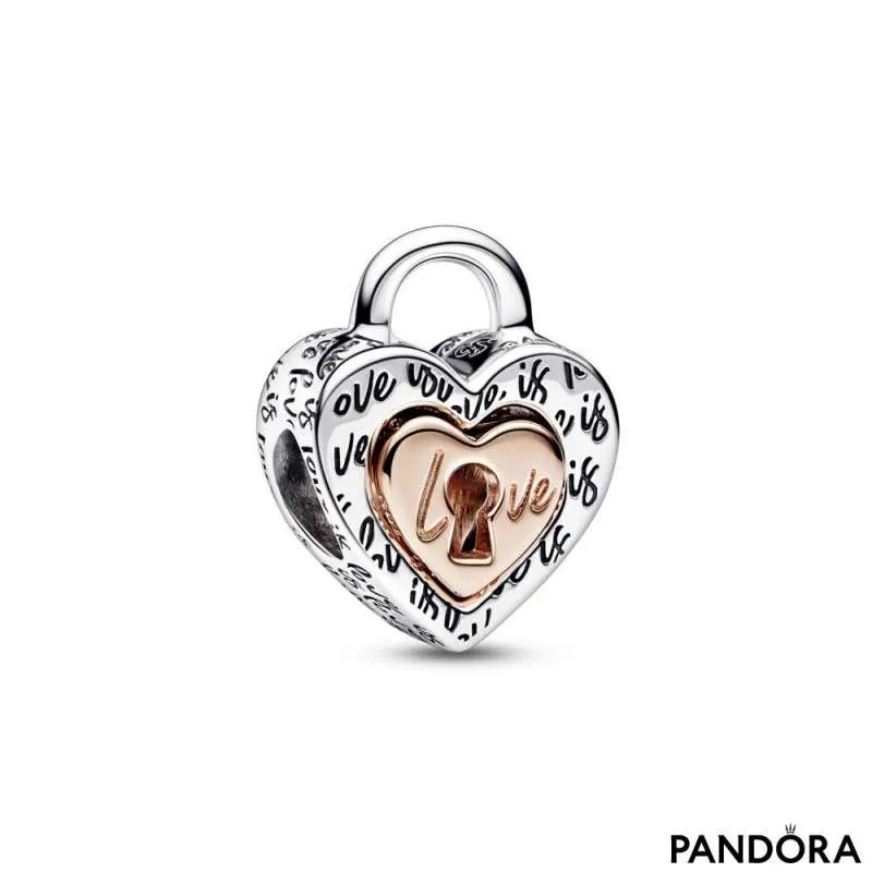 Heart padlock sterling silver and 14k rose gold-plated splitable charm |  PANDORA