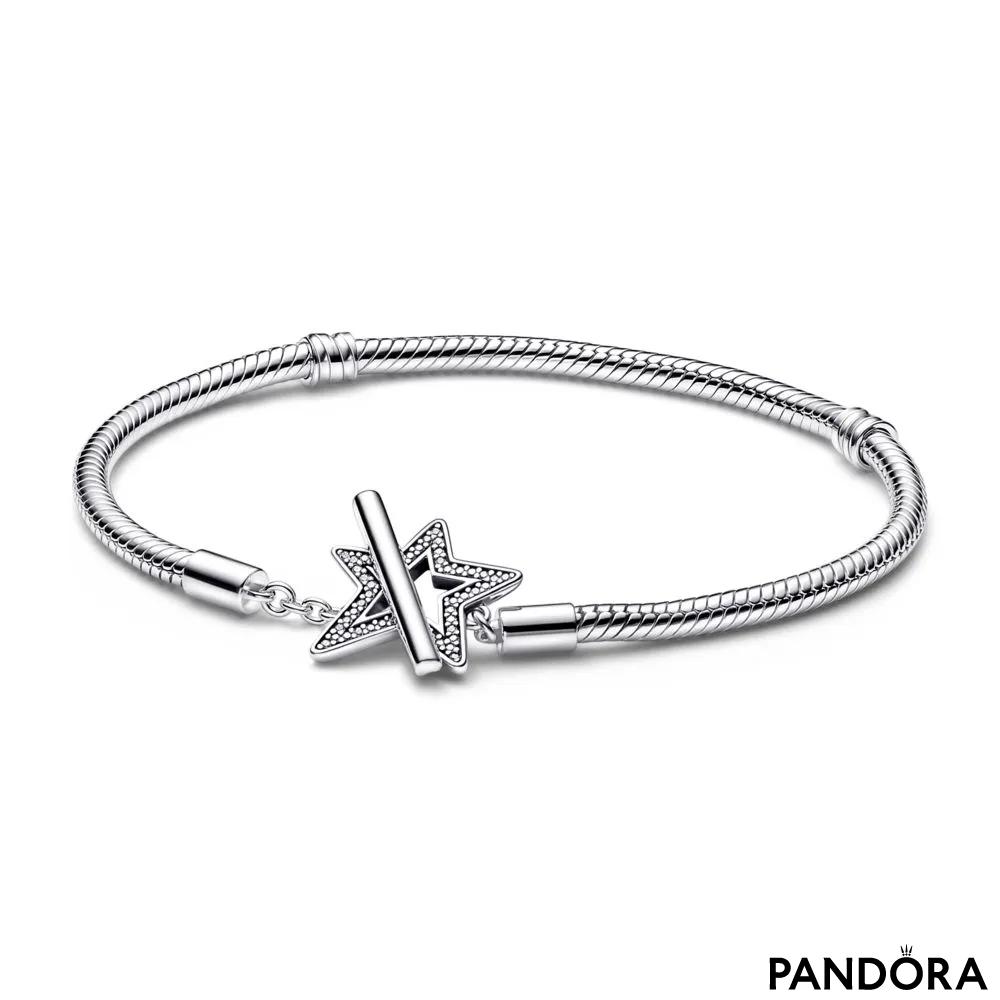 Snake chain sterling silver star toggle bracelet with clear cubic