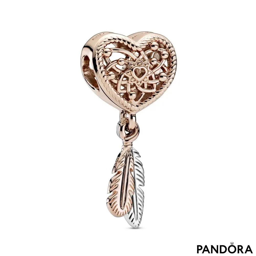 Openwork Heart & Two Feathers Dreamcatcher Charm 